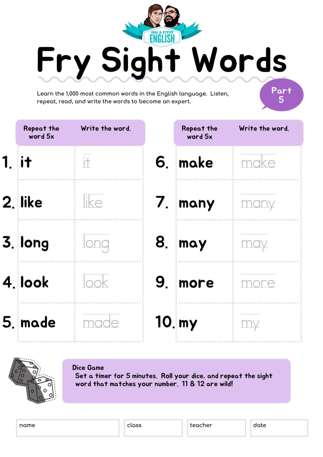 First 100 Fry Sight Words Games And Worksheets Pre A1 Hal And Steve